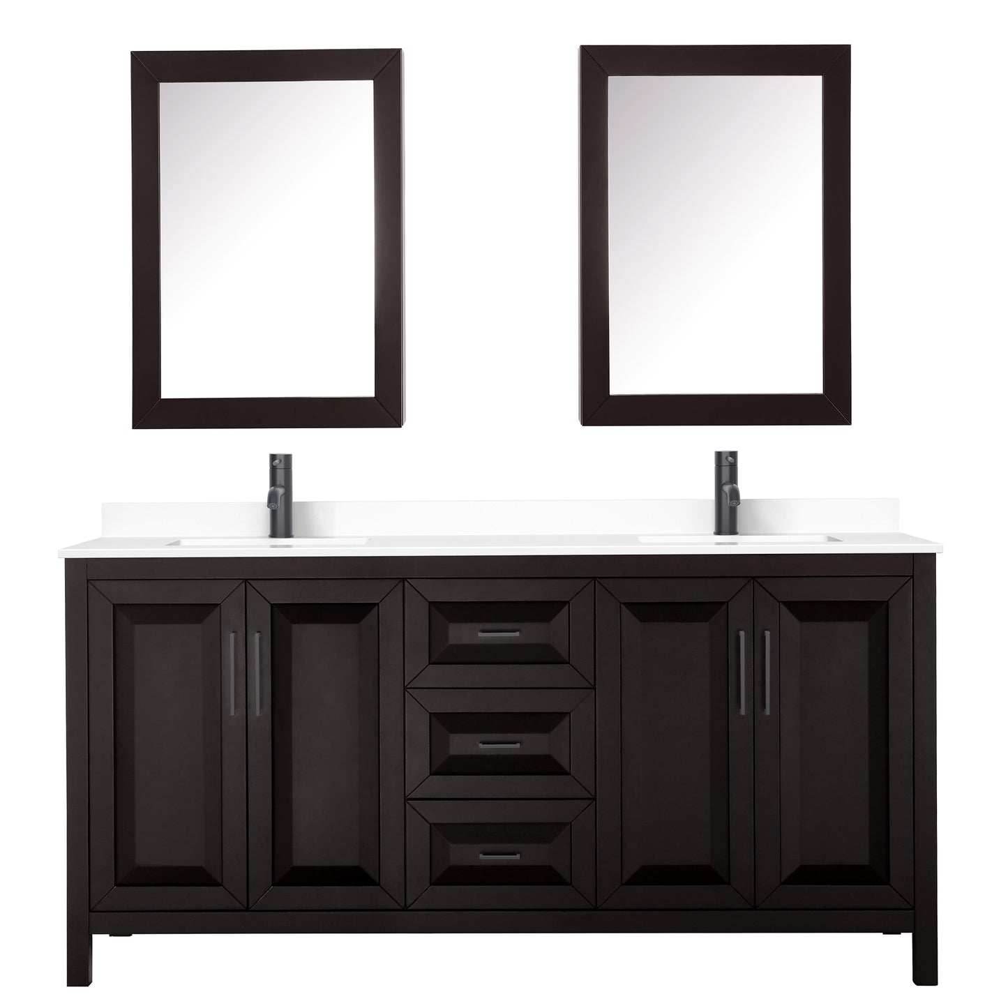 Daria 72" Espresso Double Vanity, White Marble Top, Trim, Medicine Cabinets