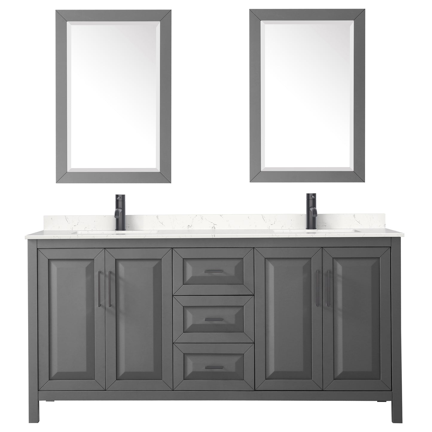 Daria 72" Dark Gray Double Vanity, Carrara Marble Top, Black Trim, 24" Mirrors