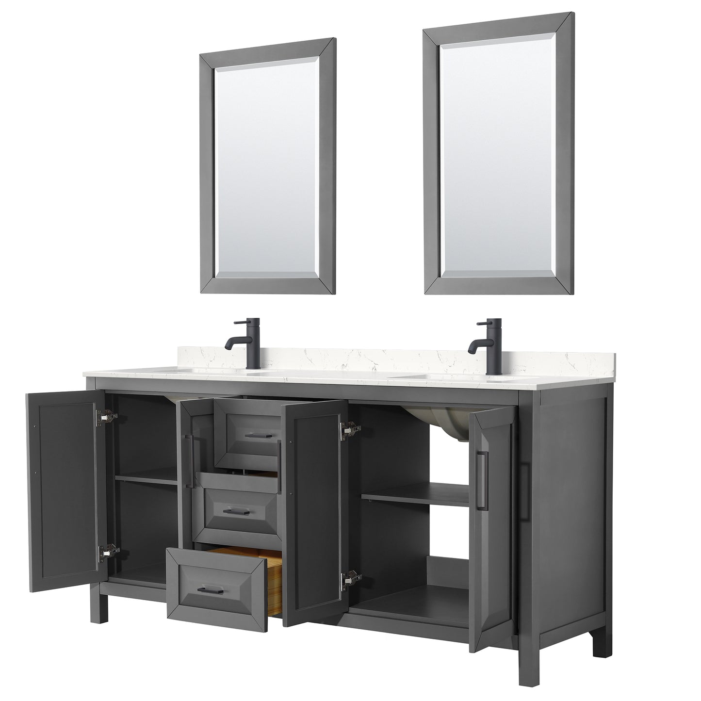 Daria 72" Dark Gray Double Vanity, Carrara Marble Top, Black Trim, 24" Mirrors