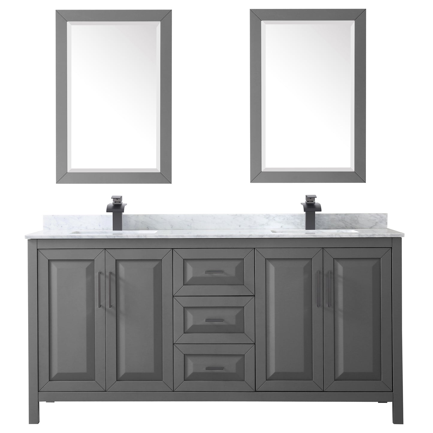 Daria 72" Double Vanity in Dark Gray, Top, Square Matte Black Trim, 24" Mirrors