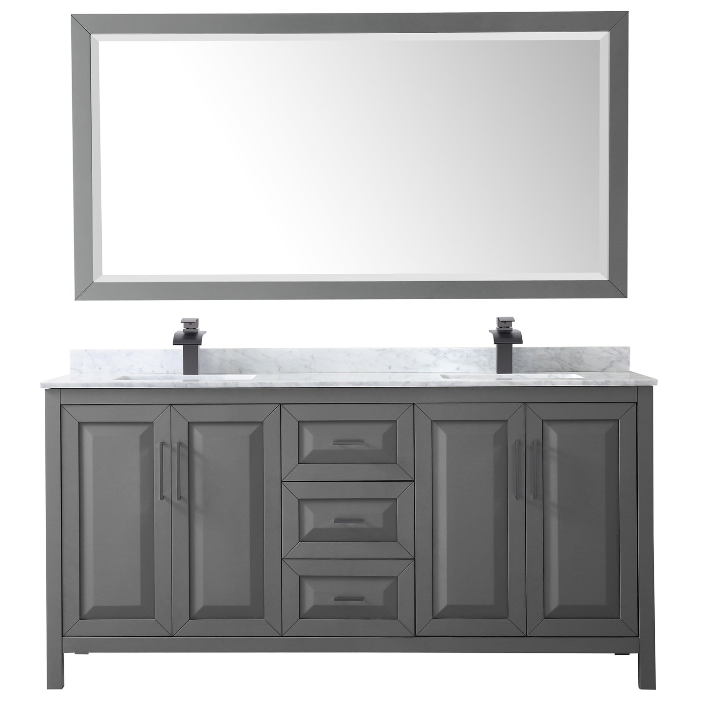 Daria 72" Double Vanity in Dark Gray, Top, Square Matte Black Trim, 70" Mirror