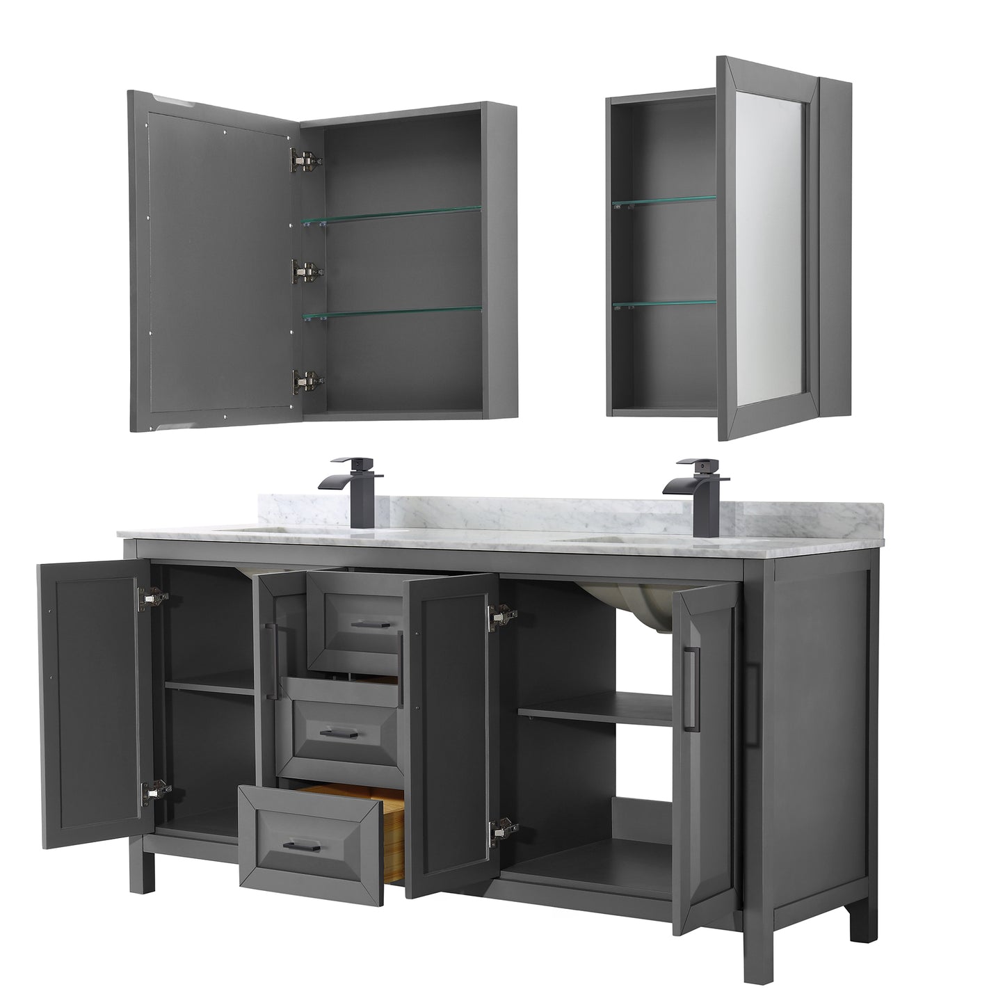 Daria 72" Double Vanity in Dark Gray, Top, Black Trim, Medicine Cabinets
