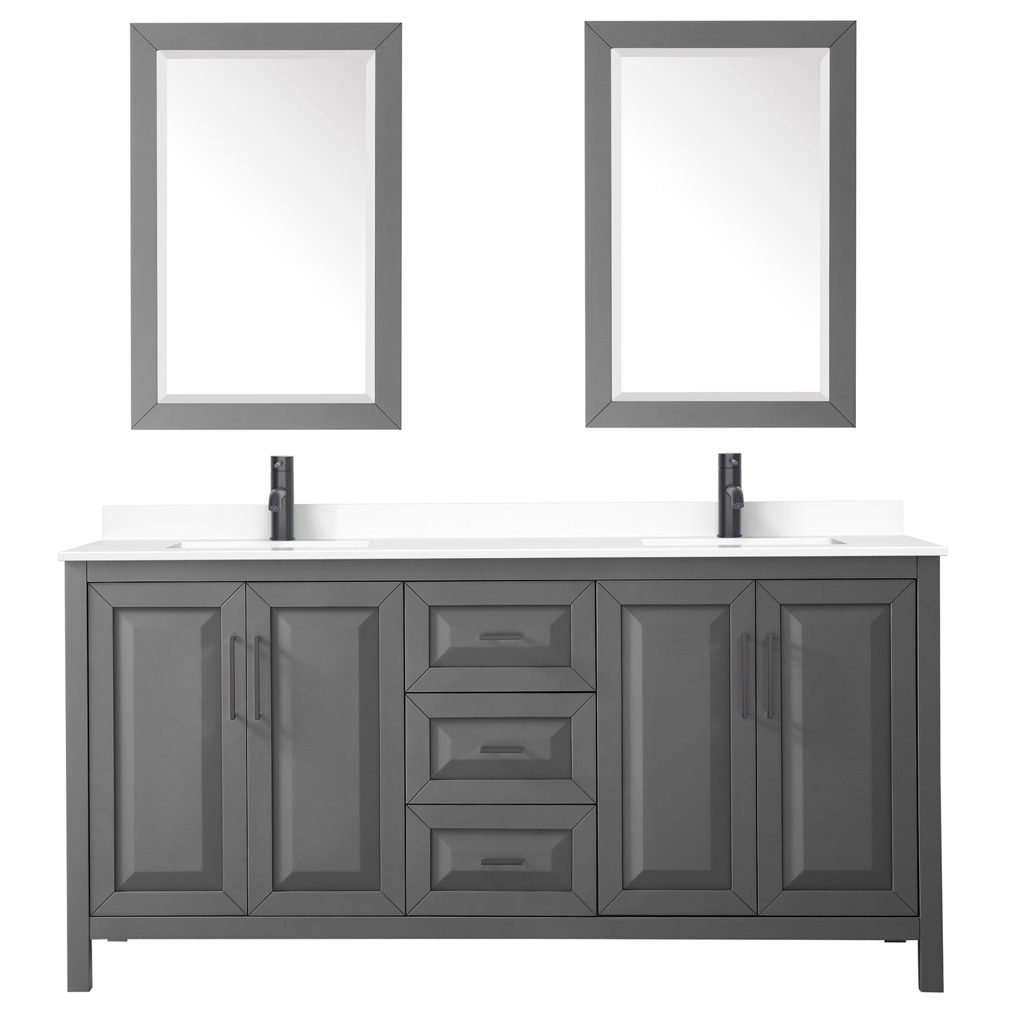 Daria 72" Double Vanity in Dark Gray, White Marble Top, Black Trim, 24" Mirrors