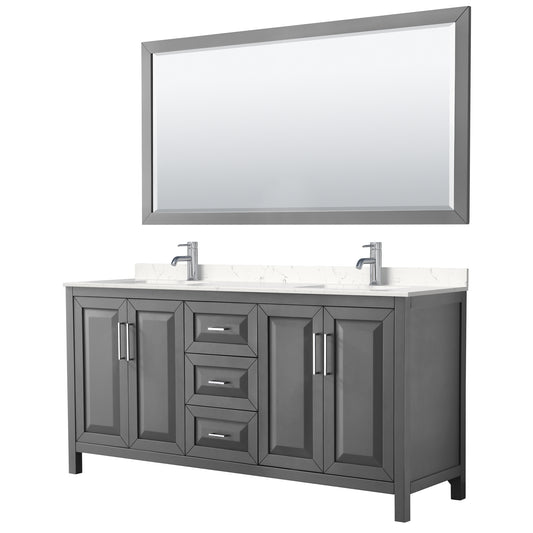 Daria 72" Double Vanity in Dark Gray, Carrara Cultured Marble Top, 70" Mirror