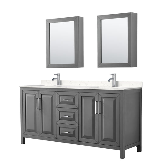 Daria 72" Double Vanity in Gray, Carrara Cultured Marble Top, Medicine Cabinets