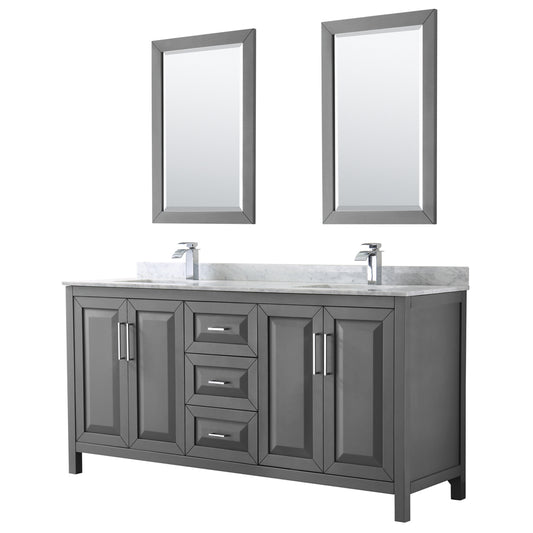 Daria 72 inch Double Bathroom Vanity in Dark Gray, White Carrara Marble Countertop, Undermount Square Sinks, and 24 inch Mirrors