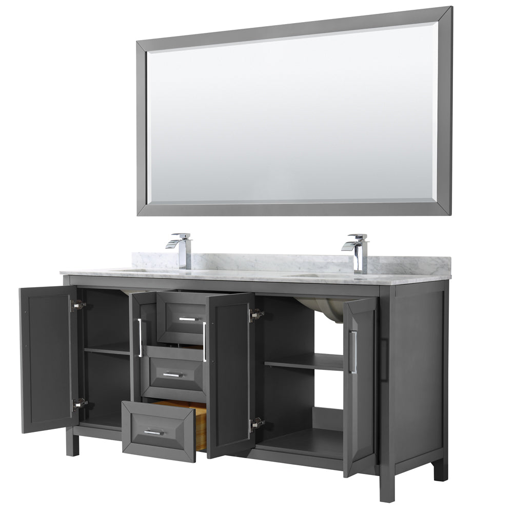 Daria 72" Double Vanity in Dark Gray, Top, Square Sinks, 70" Mirror