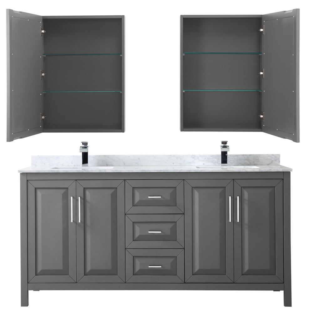 Daria 72" Double Vanity in Dark Gray, Top, Square Sinks, Medicine Cabinets