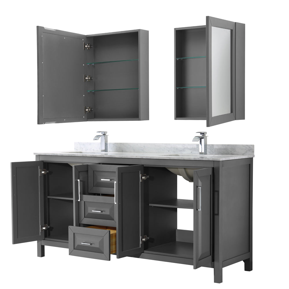 Daria 72" Double Vanity in Dark Gray, Top, Square Sinks, Medicine Cabinets