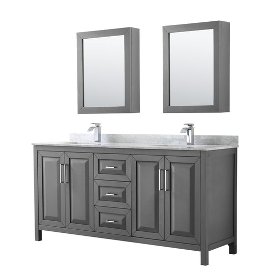 Daria 72 inch Double Bathroom Vanity in Dark Gray, White Carrara Marble Countertop, Undermount Square Sinks, and Medicine Cabinets