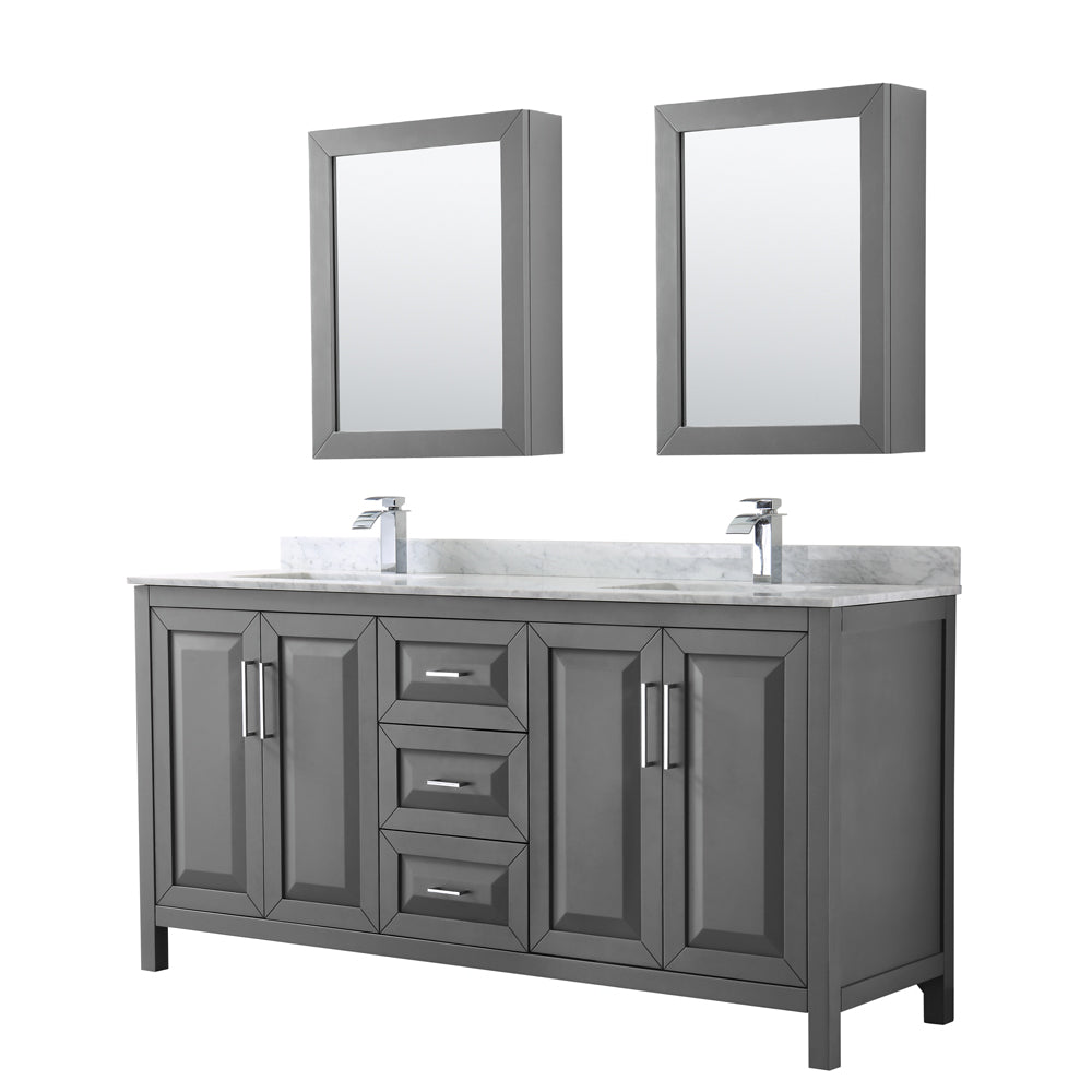Daria 72" Double Vanity in Dark Gray, Top, Square Sinks, Medicine Cabinets