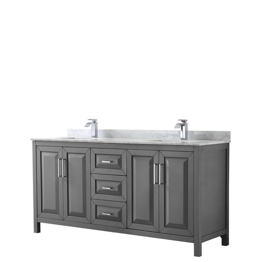 Daria 72 inch Double Bathroom Vanity in Dark Gray, White Carrara Marble Countertop, Undermount Square Sinks, and No Mirror