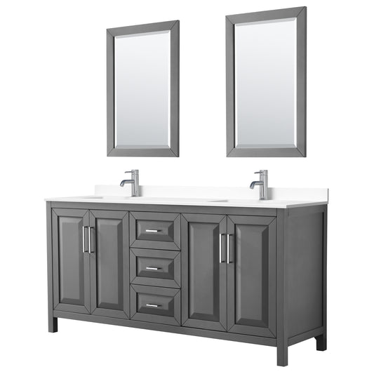 Daria 72" Double Vanity in Dark Gray, White Cultured Marble Top, 24" Mirrors