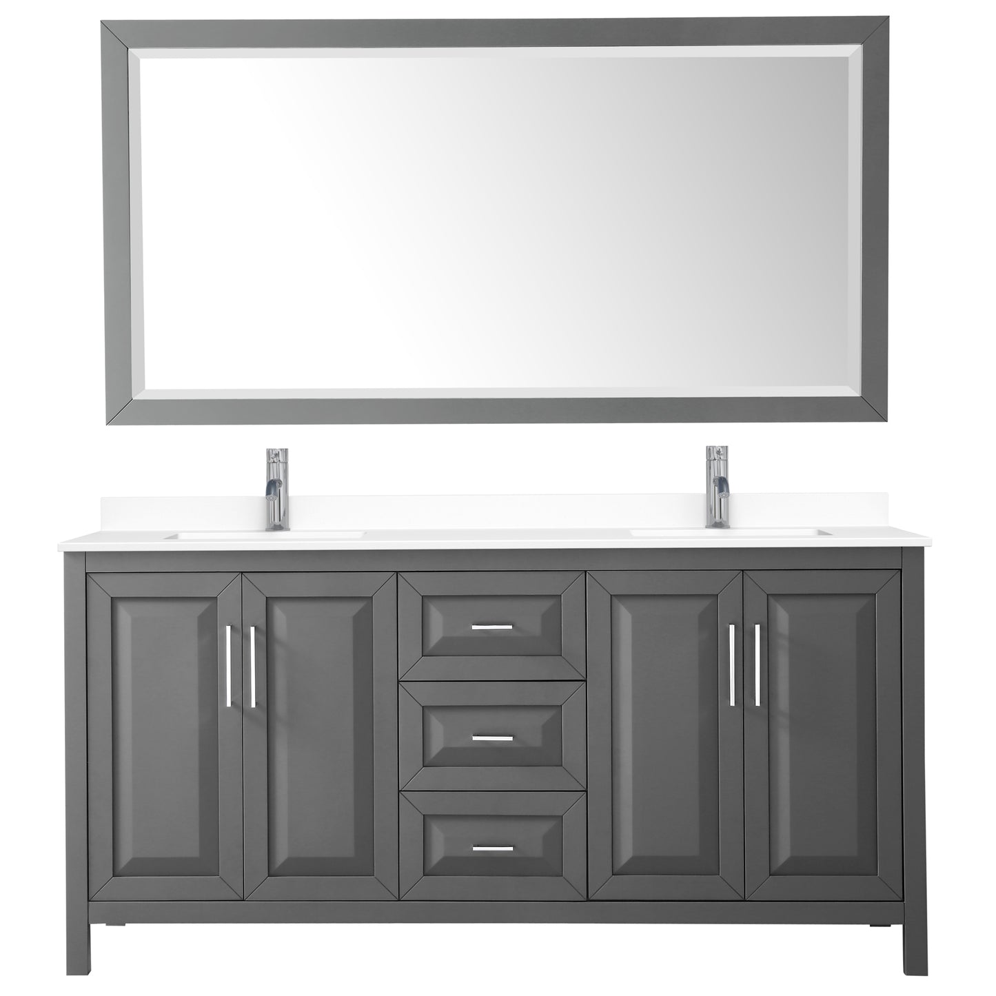 Daria 72" Double Vanity in Dark Gray, White Cultured Marble Top, 70" Mirror