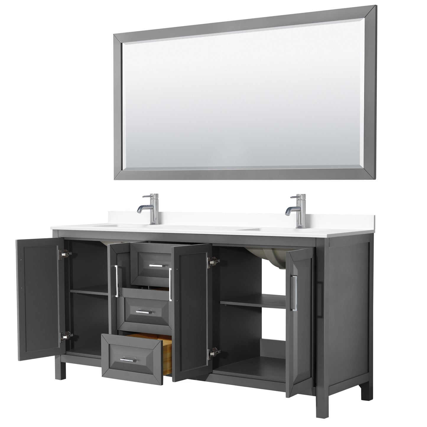 Daria 72" Double Vanity in Dark Gray, White Cultured Marble Top, 70" Mirror