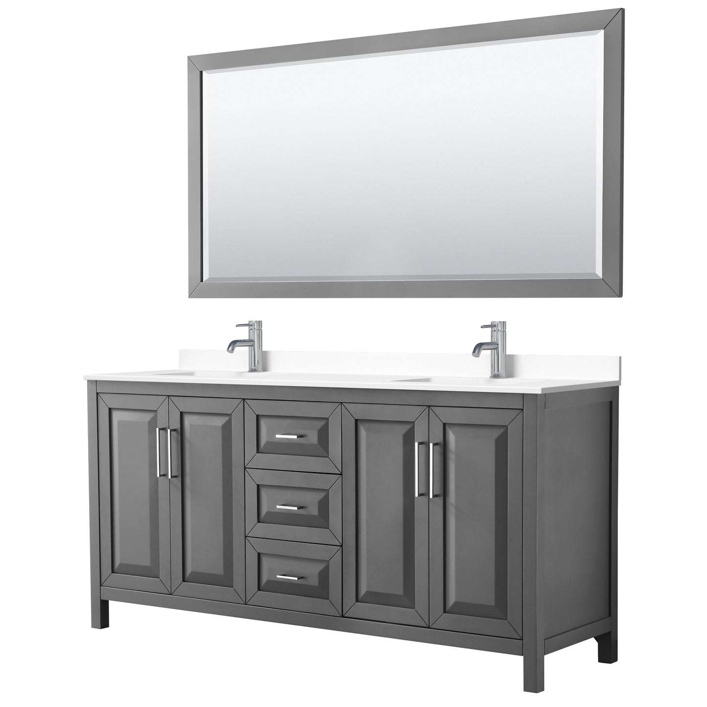 Daria 72" Double Vanity in Dark Gray, White Cultured Marble Top, 70" Mirror