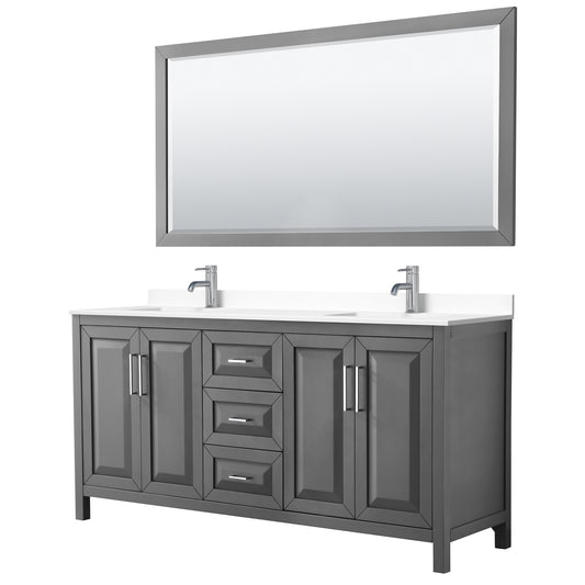 Daria 72" Double Vanity in Dark Gray, White Cultured Marble Top, 70" Mirror