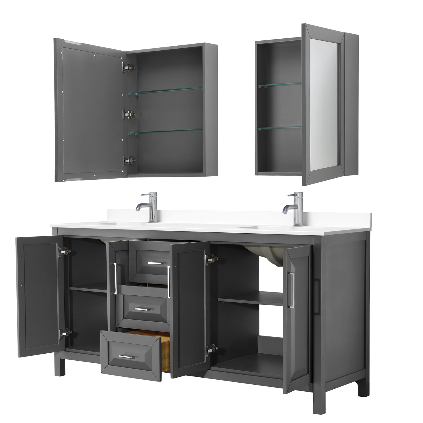 Daria 72" Double Vanity in Gray, White Cultured Marble Top, Medicine Cabinets