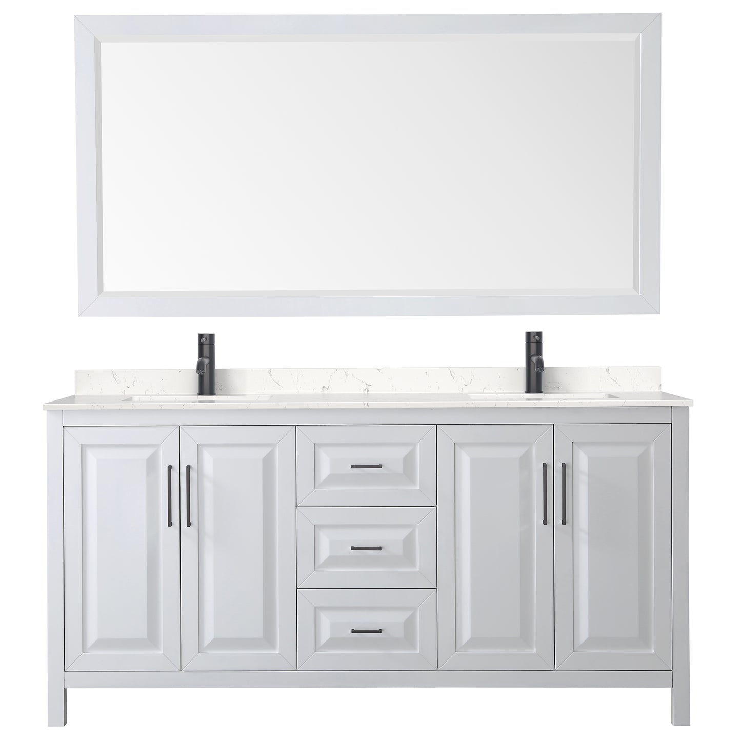 Daria 72" Double Vanity in White, Carrara Marble Top, Black Trim, 70" Mirror