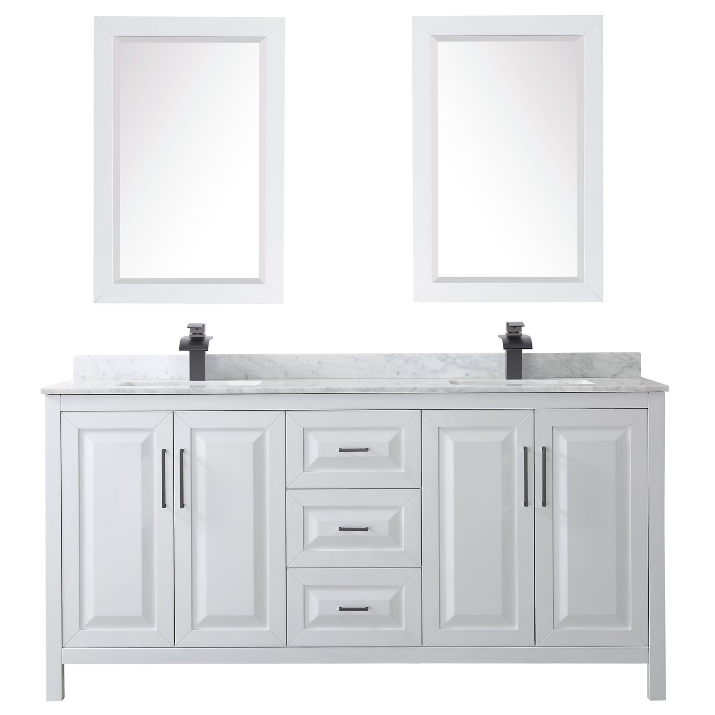 Daria 72" Double Vanity in White, Top, Square Matte Black Trim, 24" Mirrors