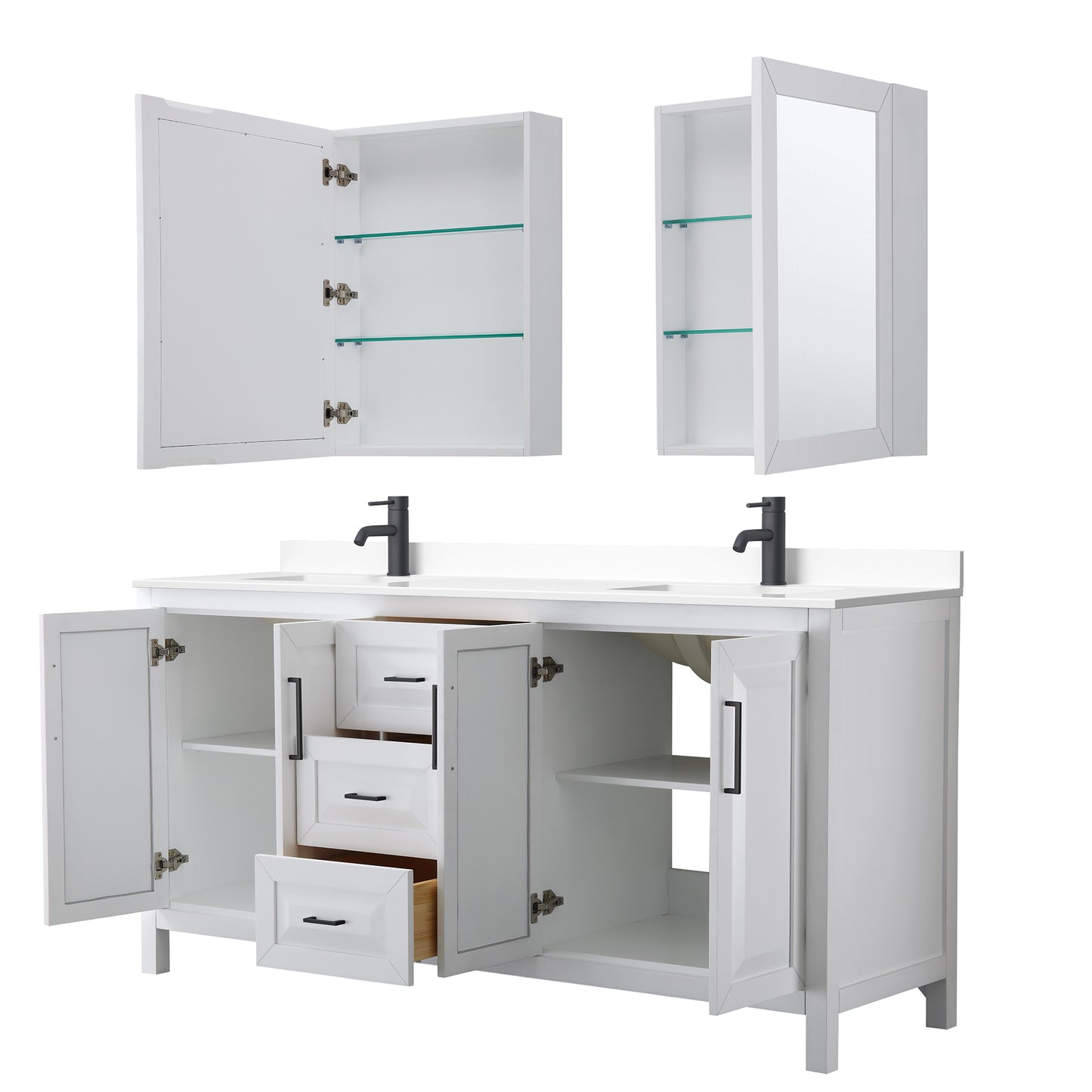 Daria 72" White Double Vanity, White Marble Top, Black Trim, Medicine Cabinets