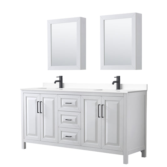 Daria 72" White Double Vanity, White Marble Top, Black Trim, Medicine Cabinets