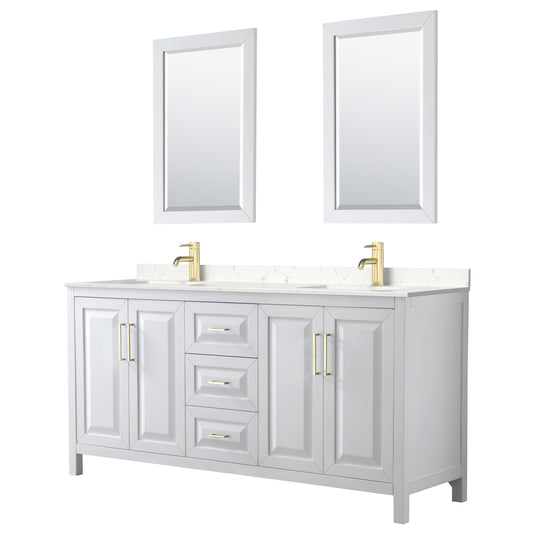 Daria 72" White Double Vanity, Carrara Marble Top, 24" Mirrors, Gold Trim