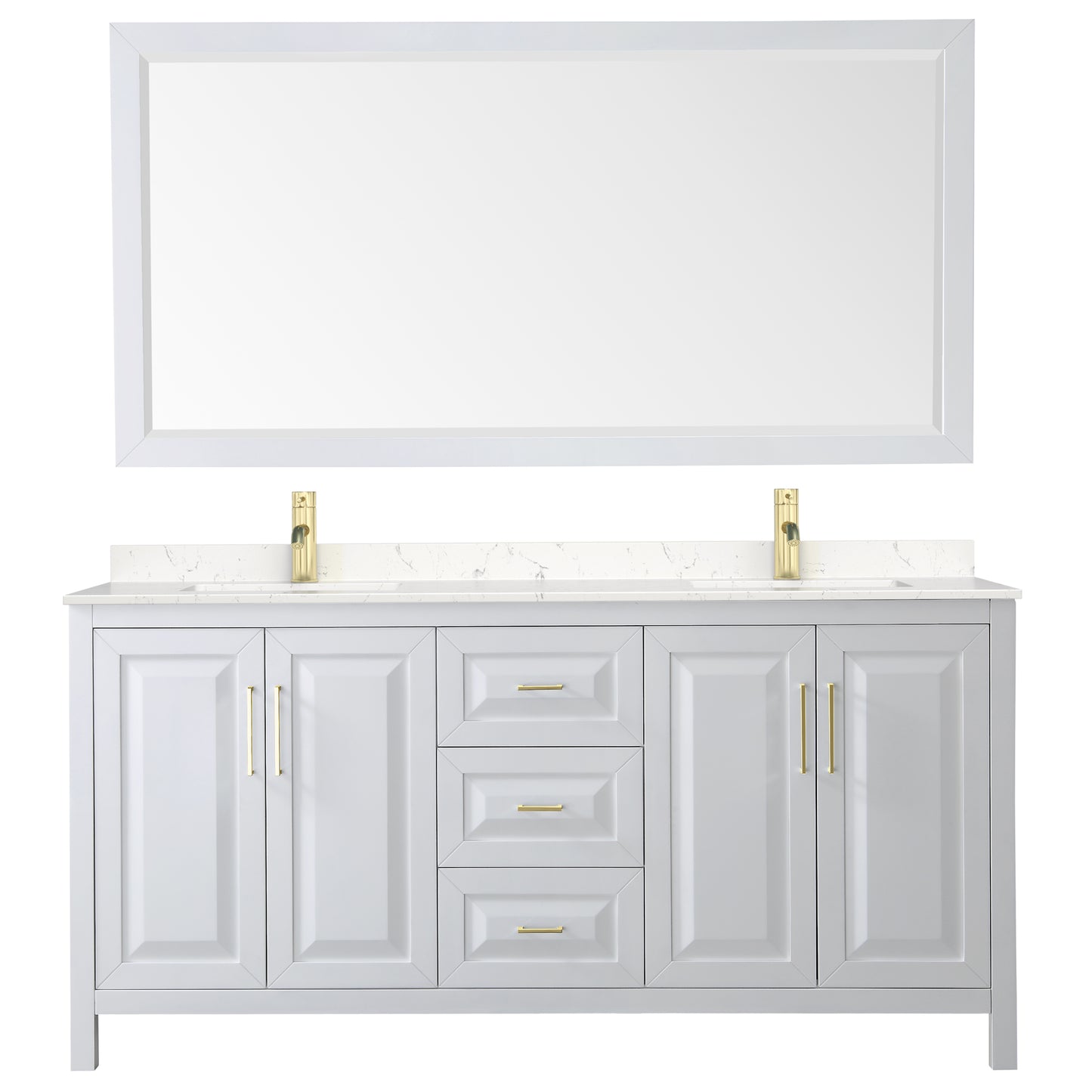 Daria 72" White Double Vanity, Carrara Marble Top, 70" Mirror, Brushed Gold Trim