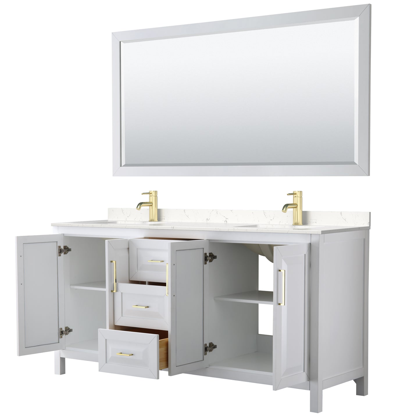 Daria 72" White Double Vanity, Carrara Marble Top, 70" Mirror, Brushed Gold Trim