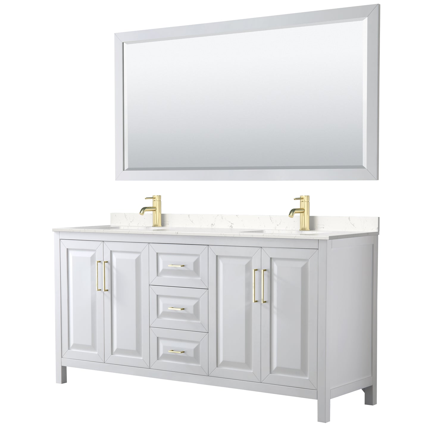 Daria 72" White Double Vanity, Carrara Marble Top, 70" Mirror, Brushed Gold Trim