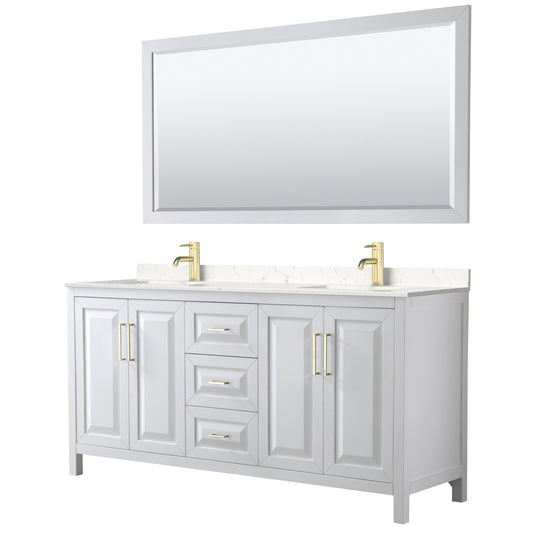 Daria 72" White Double Vanity, Carrara Marble Top, 70" Mirror, Brushed Gold Trim