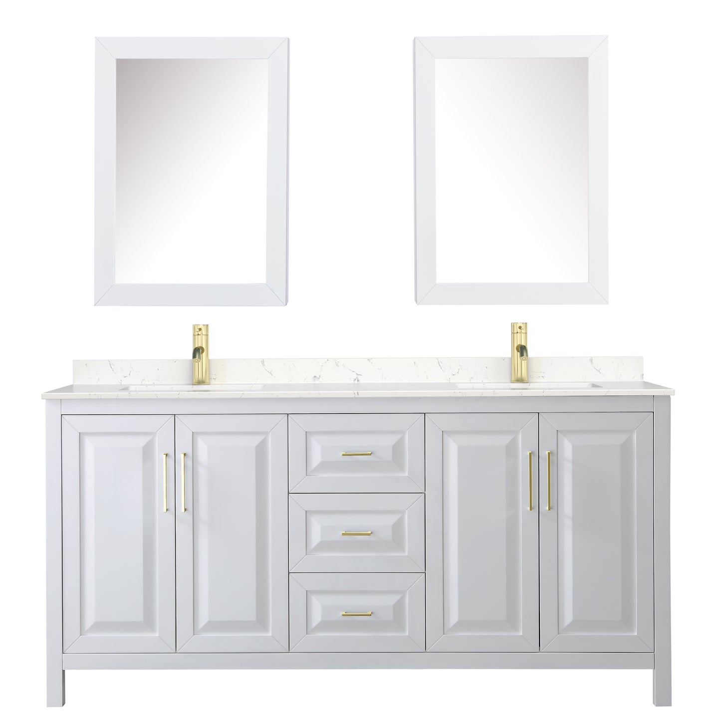 Daria 72" White Double Vanity, Carrara Marble Top, Medicine Cabinets, Gold Trim