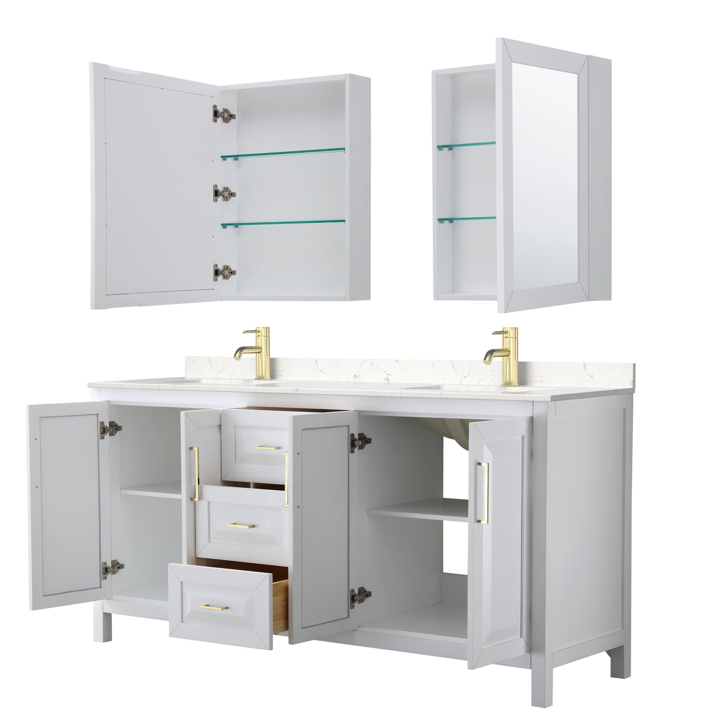 Daria 72" White Double Vanity, Carrara Marble Top, Medicine Cabinets, Gold Trim