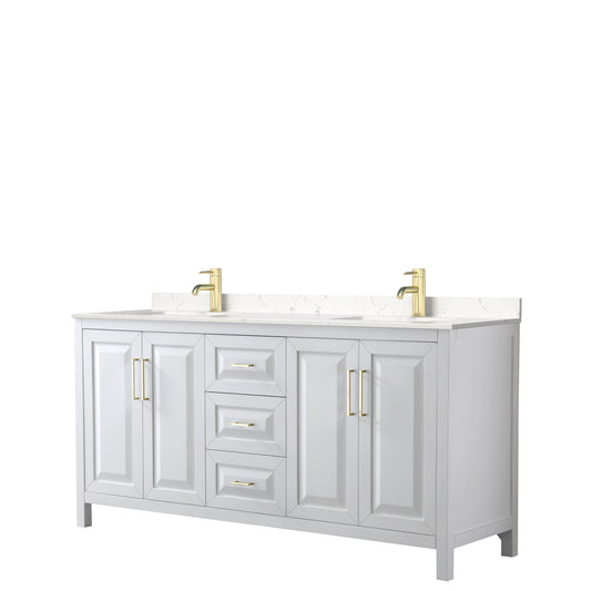 Daria 72" Double Vanity in White, Carrara Cultured Marble Top, Gold Trim