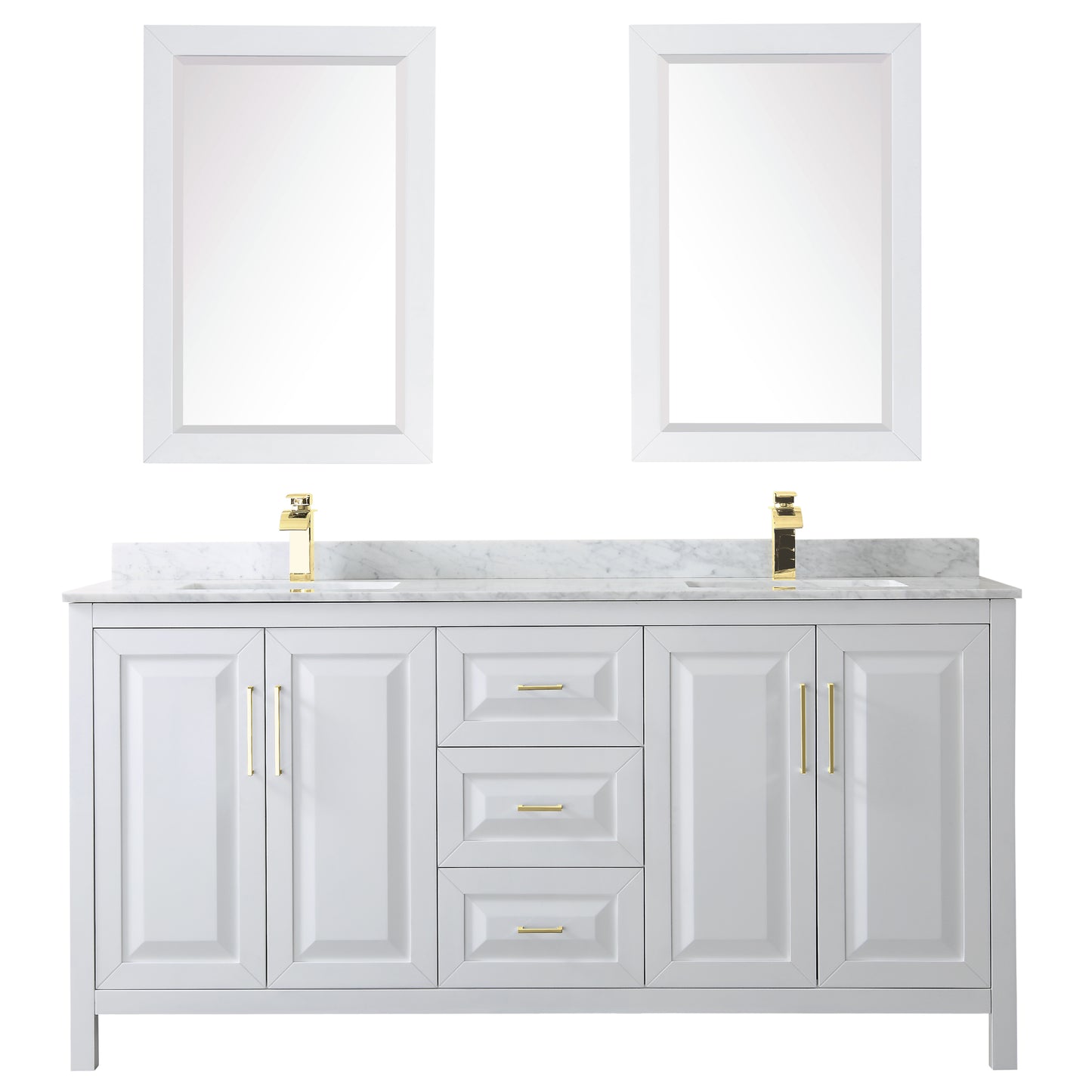 Daria 72" Double Vanity in White, Top, Square 24" Mirrors, Brushed Gold Trim