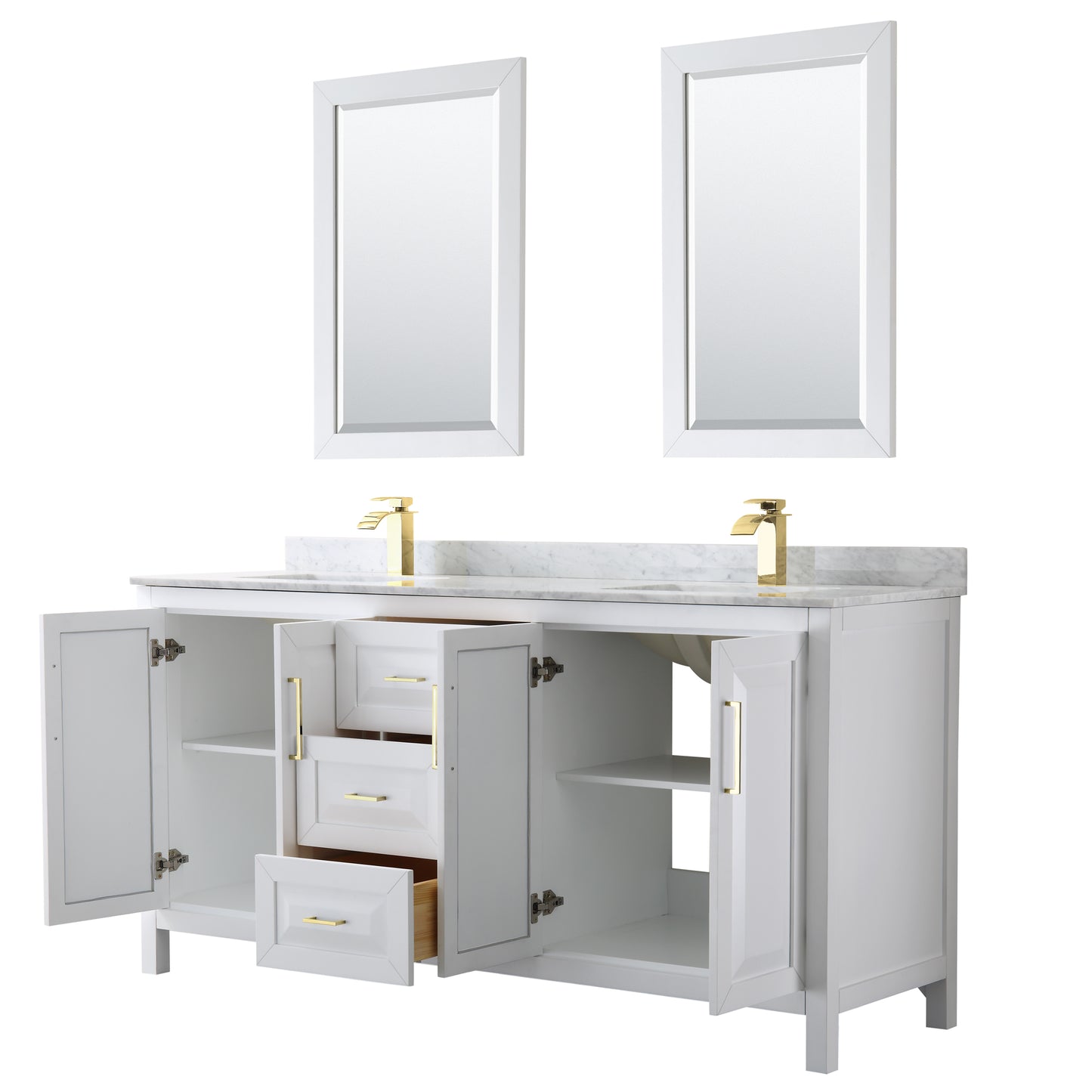 Daria 72" Double Vanity in White, Top, Square 24" Mirrors, Brushed Gold Trim