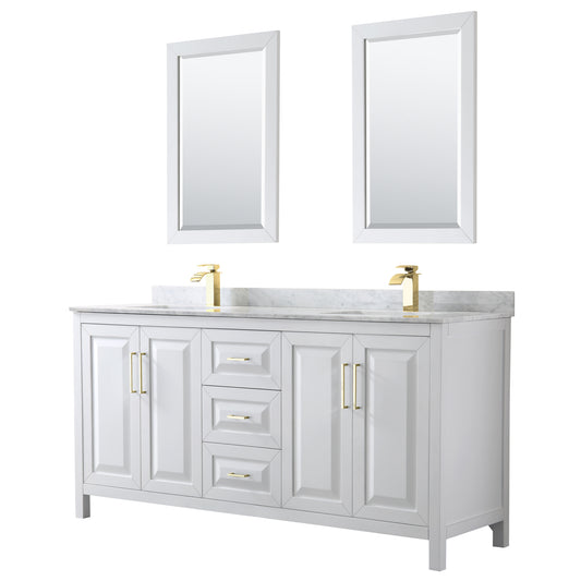Daria 72" Double Vanity in White, Top, Square 24" Mirrors, Brushed Gold Trim
