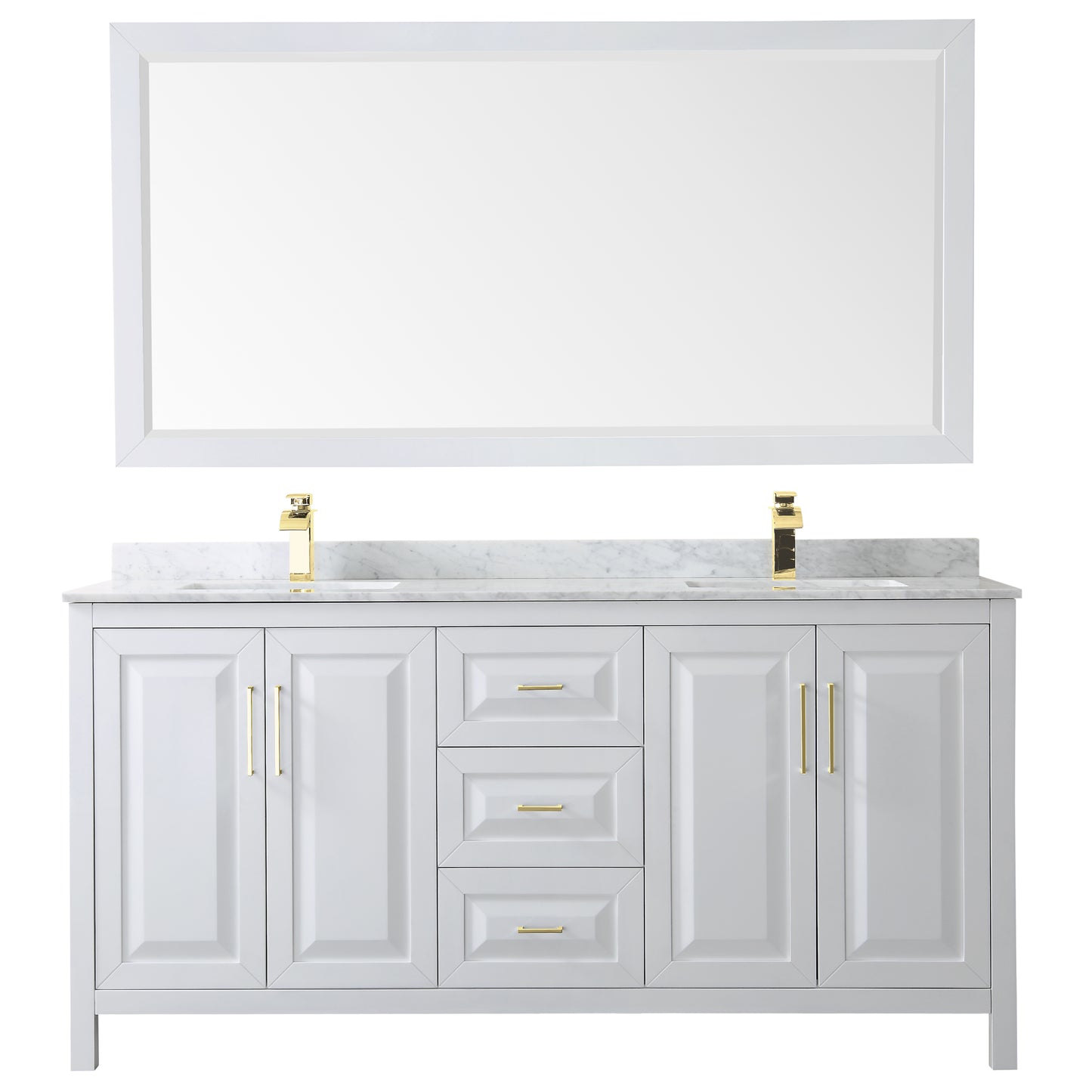 Daria 72" Double Vanity in White, Top, Square 70" Mirror, Brushed Gold Trim