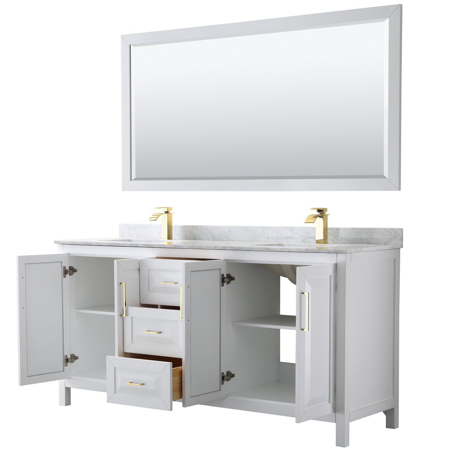 Daria 72" Double Vanity in White, Top, Square 70" Mirror, Brushed Gold Trim