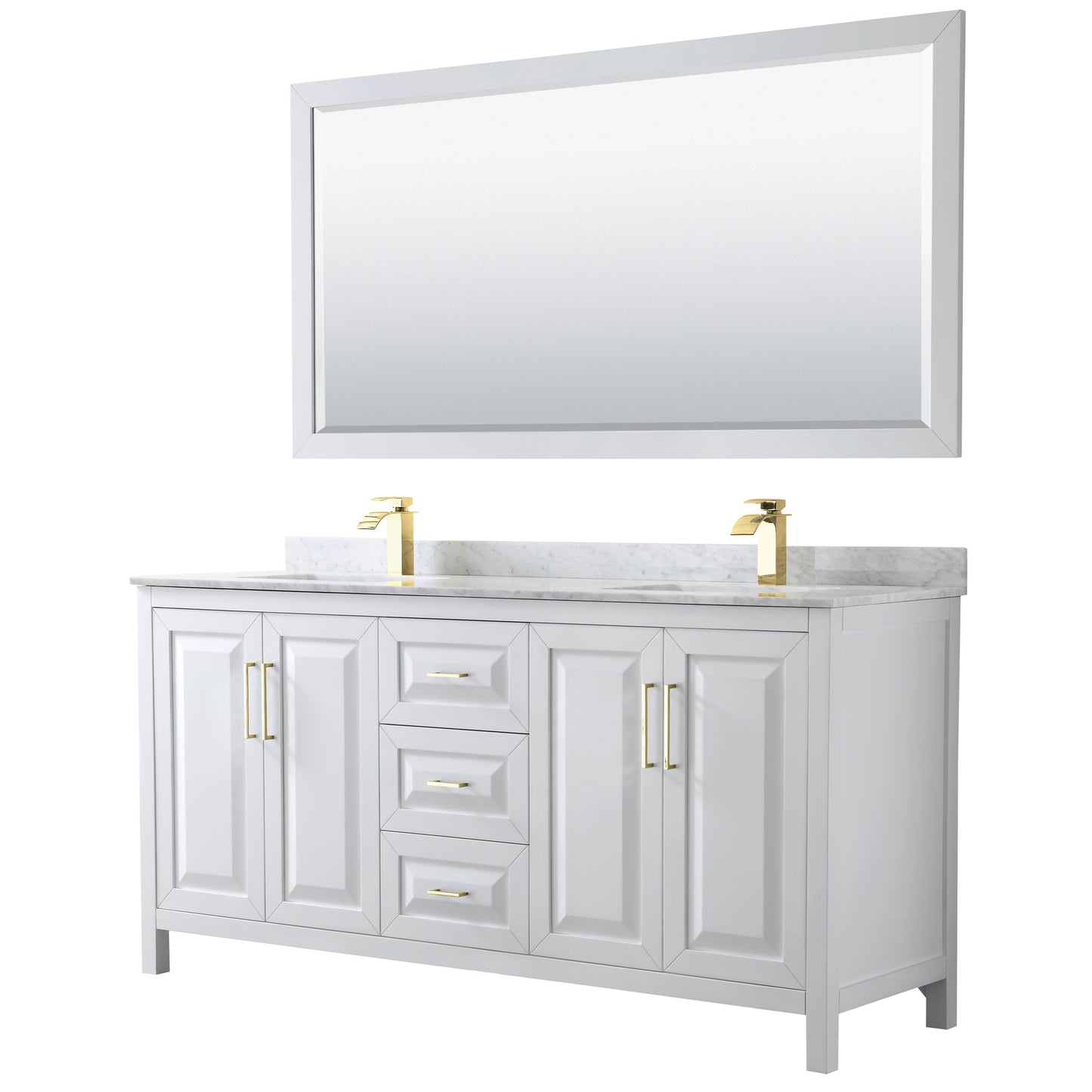 Daria 72" Double Vanity in White, Top, Square 70" Mirror, Brushed Gold Trim