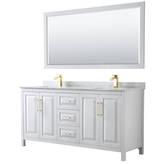 Daria 72" Double Vanity in White, Top, Square 70" Mirror, Brushed Gold Trim