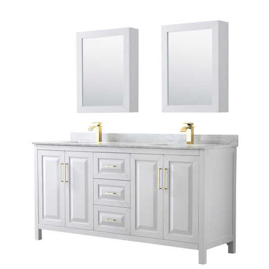 Daria 72" Double Vanity in White, Top, Medicine Cabinets, Brushed Gold Trim