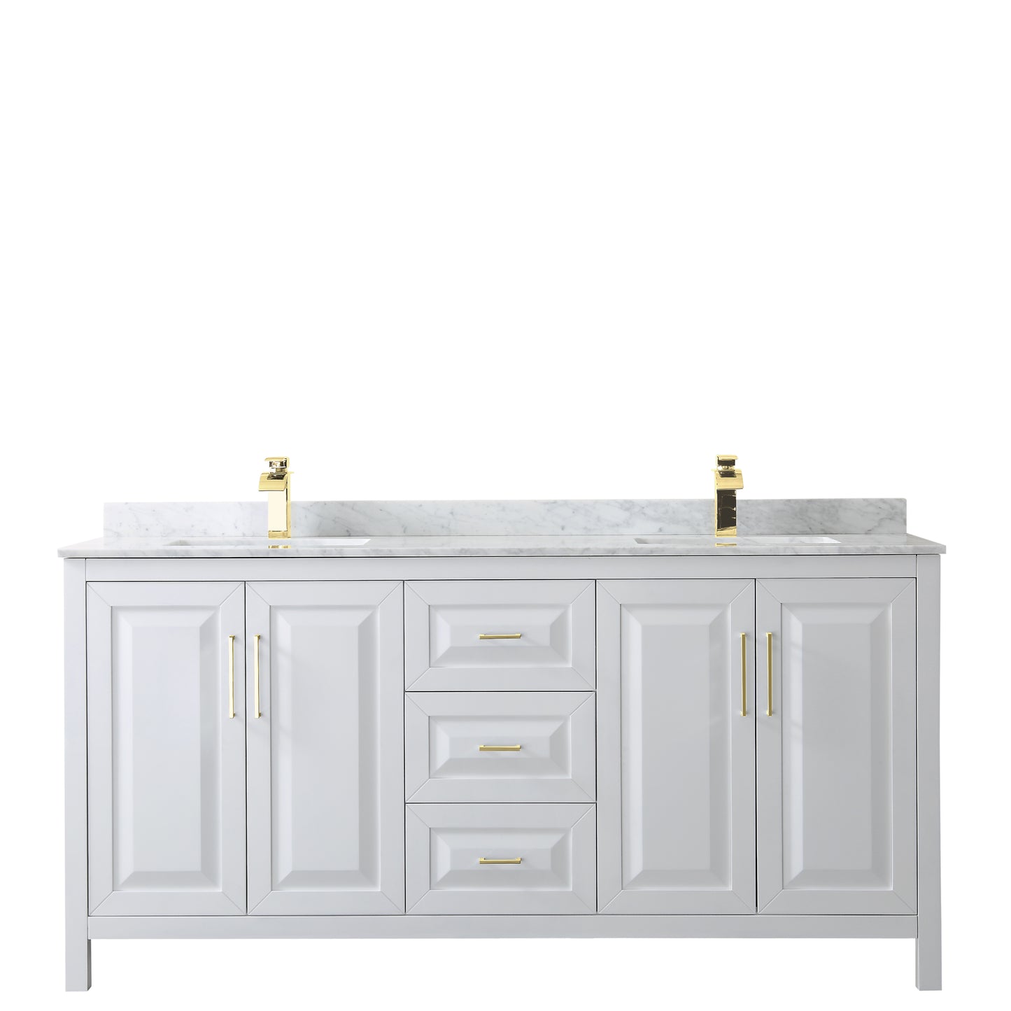 Daria 72" Double Vanity in White, Top, Square Sinks, Brushed Gold Trim