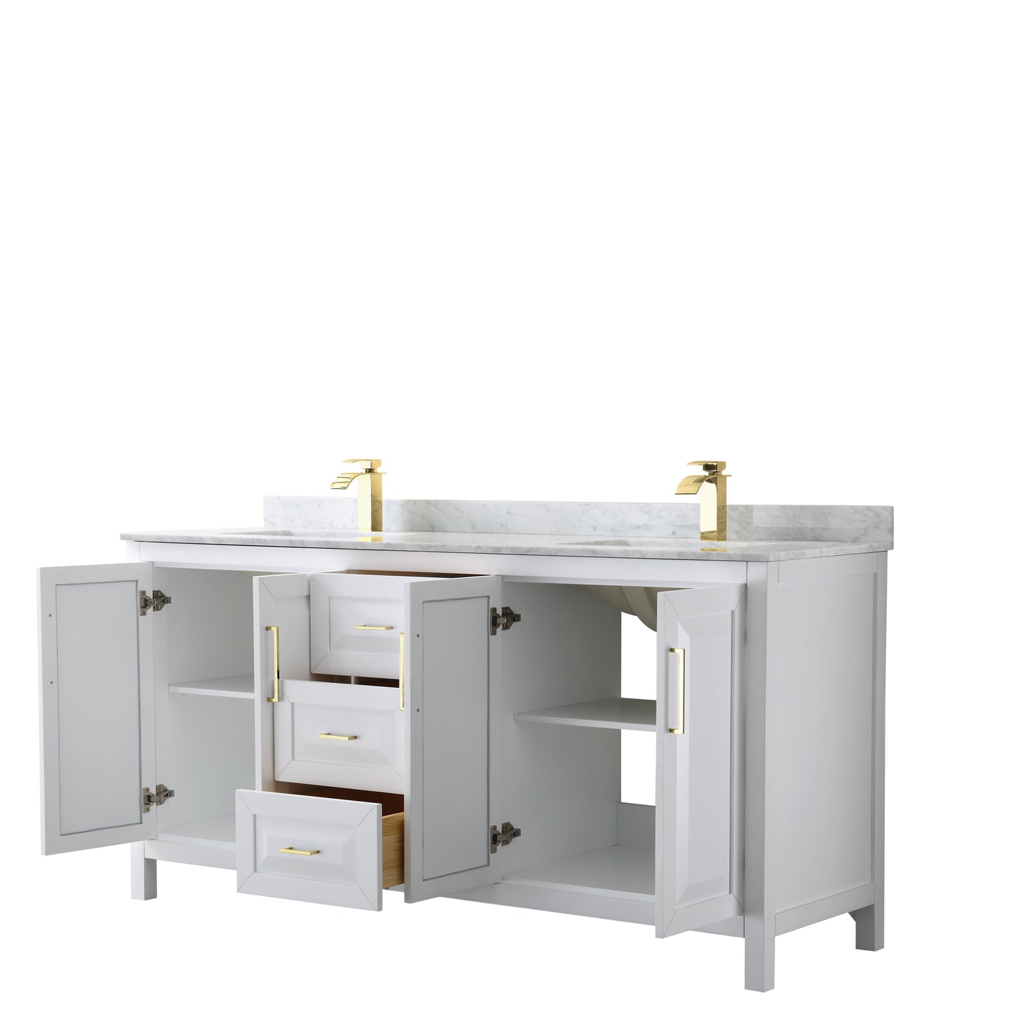 Daria 72" Double Vanity in White, Top, Square Sinks, Brushed Gold Trim