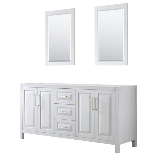 Daria 72" Double Vanity in White, No Top, No 24" Mirrors, Brushed Gold Trim
