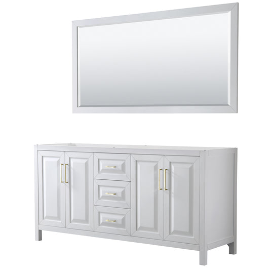 Daria 72" Double Vanity in White, No Top, No Sink, 70" Mirror, Brushed Gold Trim