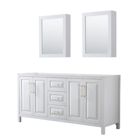 Daria 72" Double Vanity in White, No Top, Medicine Cabinets, Brushed Gold Trim