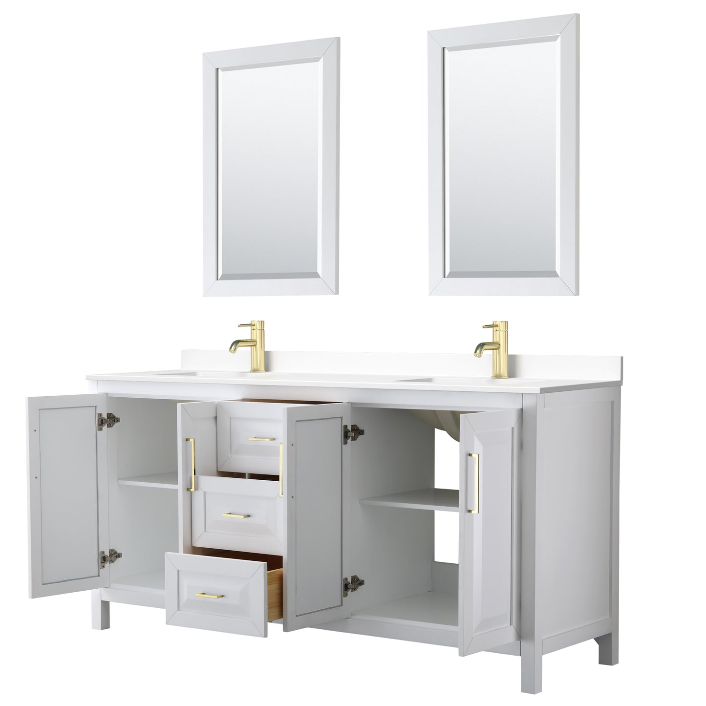 Daria 72" White Double Vanity, White Marble Top, 24" Mirrors, Brushed Gold Trim