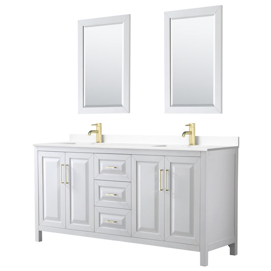 Daria 72" White Double Vanity, White Marble Top, 24" Mirrors, Brushed Gold Trim