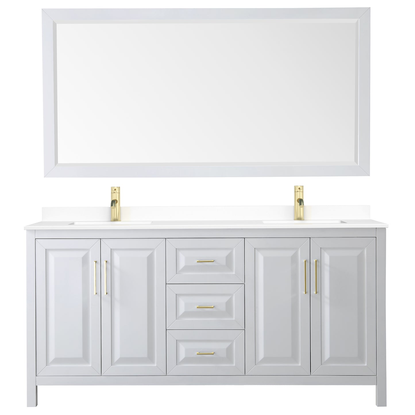 Daria 72" White Double Vanity, White Marble Top, 70" Mirror, Brushed Gold Trim